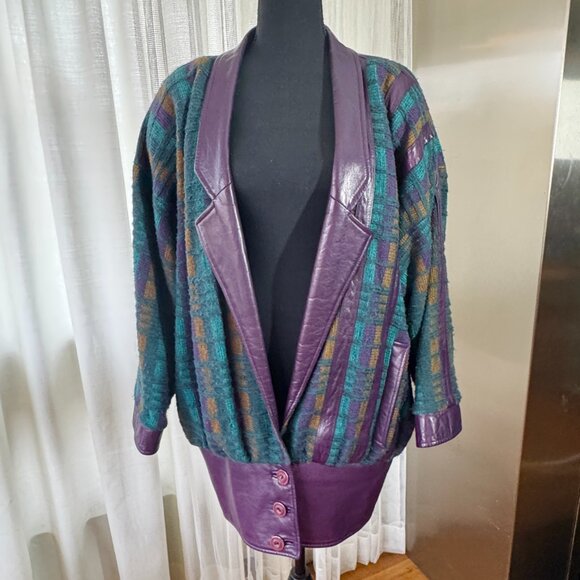 Vintage 80s blazer, purple, teal knit, leather lapels, waist band & cuffs, 10/12 - Picture 1 of 14
